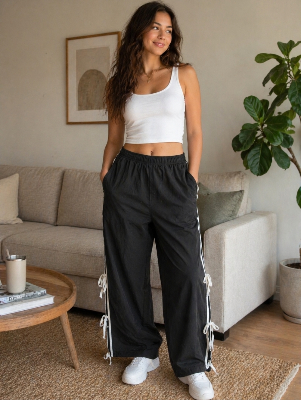 NWT - Black Wide-Leg Side-Tie Track Pants, Size MED